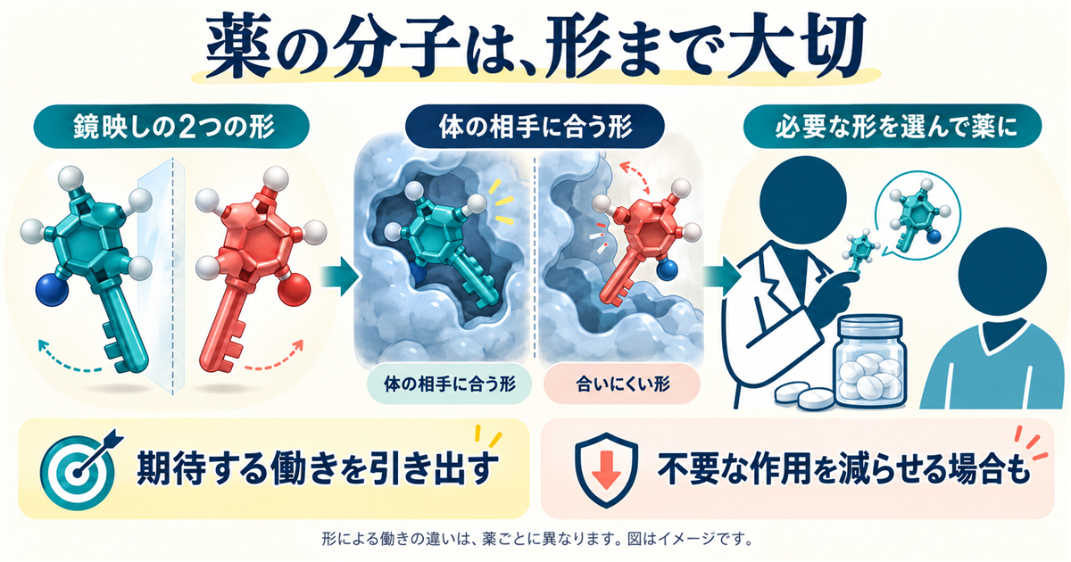 鏡映しの分子で体内の相手との合い方が異なる例と、必要な形を選んで薬にすることで期待する働きを引き出し、不要な作用を減らせる場合があることを説明したイラスト